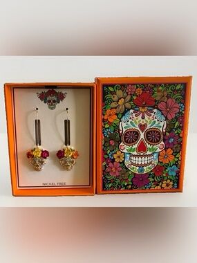 Sugar Skull Rhinestone Flower Earrings Day of the Dead New Without Tags